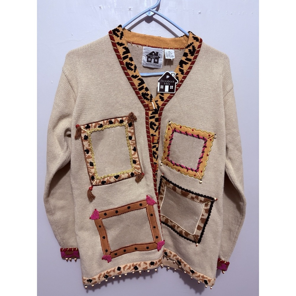 Storybook Knits Womens Cardigan SZ M Cheetah Print Clear Pockets NWT